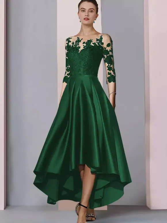Bridal Mother Dress Jewel Neck 3/4 Length Sleeves A-Line Lace Tea-Length Guest Dresses For Wedding