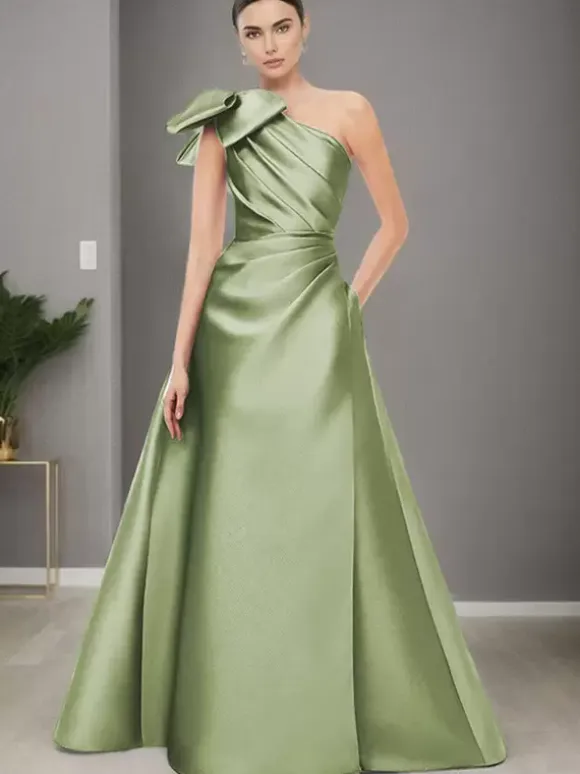 Bridal Mother Dress One-Shoulder Sleeveless A-Line Bows Floor-Length Wedding Guest Dresses