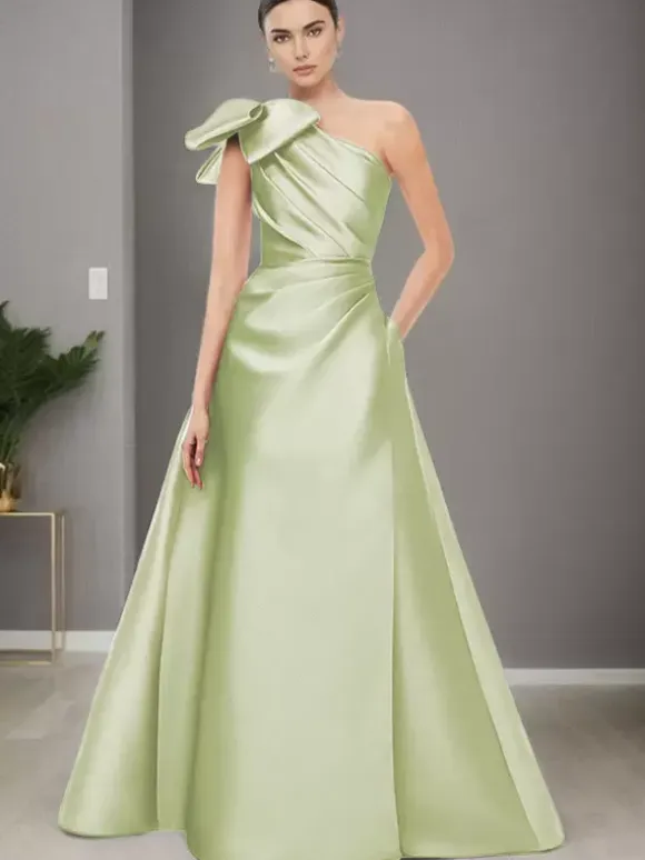 Bridal Mother Dress One-Shoulder Sleeveless A-Line Bows Floor-Length Wedding Guest Dresses