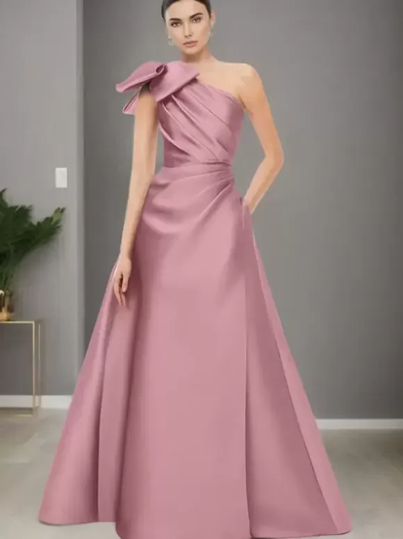 Bridal Mother Dress One-Shoulder Sleeveless A-Line Bows Floor-Length Wedding Guest Dresses
