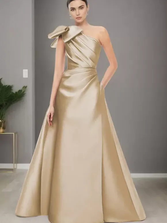 Bridal Mother Dress One-Shoulder Sleeveless A-Line Bows Floor-Length Wedding Guest Dresses
