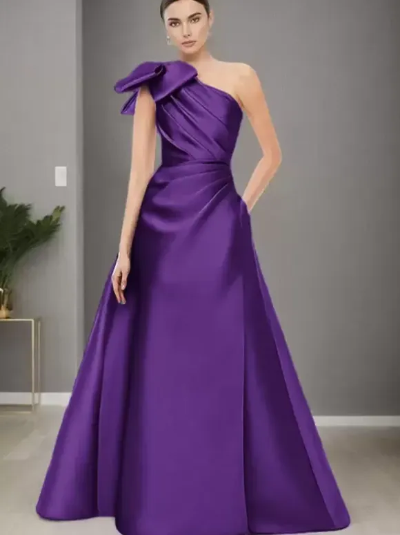 Bridal Mother Dress One-Shoulder Sleeveless A-Line Bows Floor-Length Wedding Guest Dresses