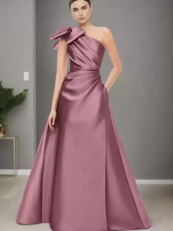Bridal Mother Dress One-Shoulder Sleeveless A-Line Bows Floor-Length Wedding Guest Dresses