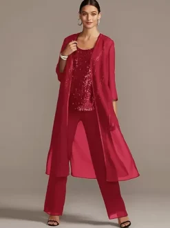 Bridal Mother Dress 3-Piece Set Jewel Neck 3/4 Length Sleeves A-Line Sequins Long Wedding Guest Outfits Free Customization