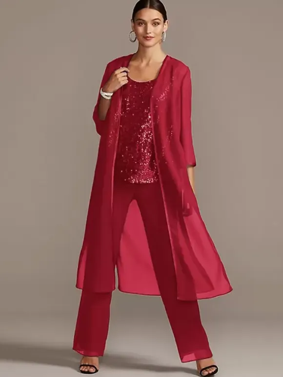 Bridal Mother Dress 3-Piece Set Jewel Neck 3/4 Length Sleeves A-Line Sequins Long Wedding Guest Outfits Free Customization