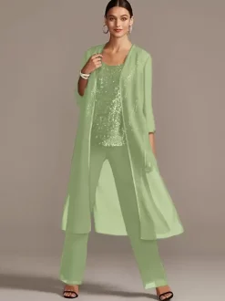 Bridal Mother Dress 3-Piece Set Jewel Neck 3/4 Length Sleeves A-Line Sequins Long Wedding Guest Outfits Free Customization