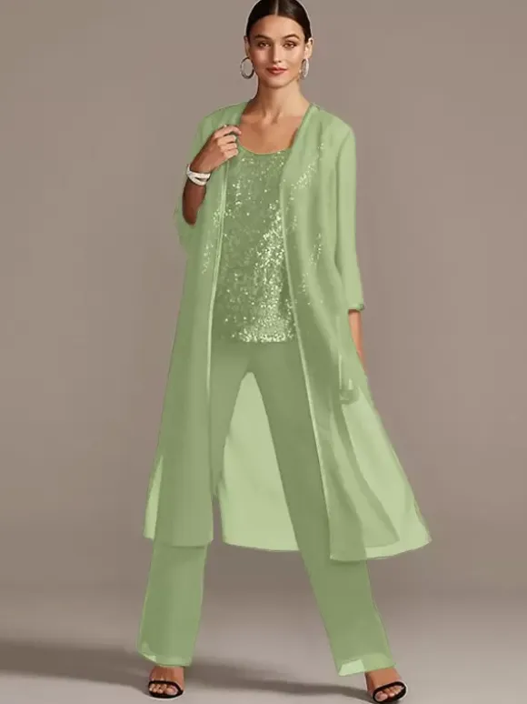 Bridal Mother Dress 3-Piece Set Jewel Neck 3/4 Length Sleeves A-Line Sequins Long Wedding Guest Outfits Free Customization