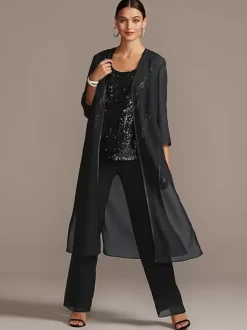 Bridal Mother Dress 3-Piece Set Jewel Neck 3/4 Length Sleeves A-Line Sequins Long Wedding Guest Outfits Free Customization