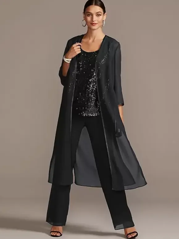 Bridal Mother Dress 3-Piece Set Jewel Neck 3/4 Length Sleeves A-Line Sequins Long Wedding Guest Outfits Free Customization