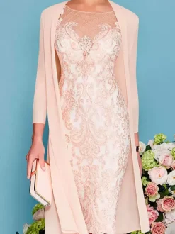 Bridal Mother Dress 2-Piece Set Jewel Neck 3/4 Length Sleeves Sheath Lace Beaded Wedding Guest Dresses Free Customization