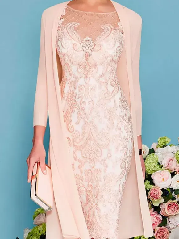 Bridal Mother Dress 2-Piece Set Jewel Neck 3/4 Length Sleeves Sheath Lace Beaded Wedding Guest Dresses Free Customization