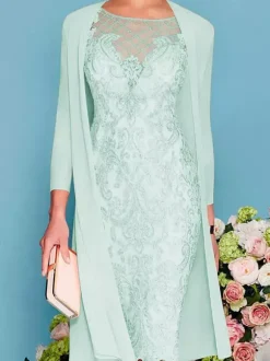 Bridal Mother Dress 2-Piece Set Jewel Neck 3/4 Length Sleeves Sheath Lace Beaded Wedding Guest Dresses Free Customization