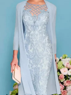 Bridal Mother Dress 2-Piece Set Jewel Neck 3/4 Length Sleeves Sheath Lace Beaded Wedding Guest Dresses Free Customization