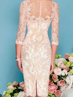Bridal Mother Dress 2-Piece Set Jewel Neck 3/4 Length Sleeves Sheath Lace Beaded Wedding Guest Dresses Free Customization
