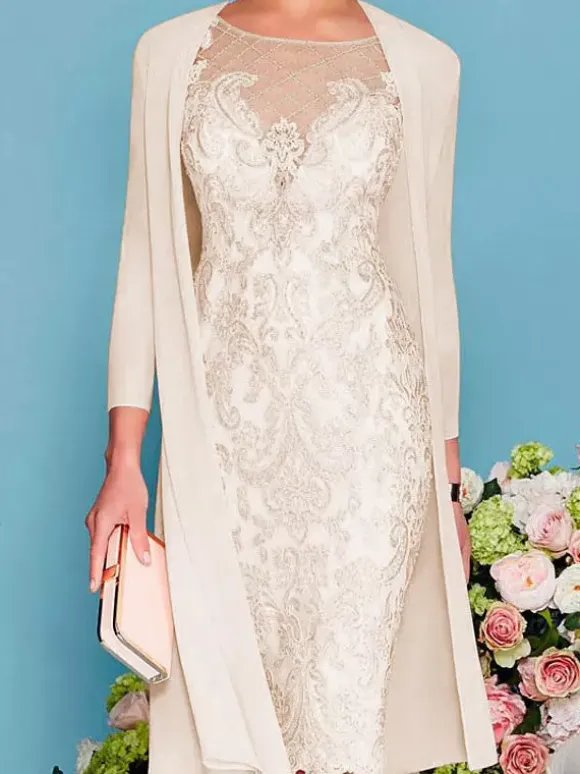Bridal Mother Dress 2-Piece Set Jewel Neck 3/4 Length Sleeves Sheath Lace Beaded Wedding Guest Dresses Free Customization