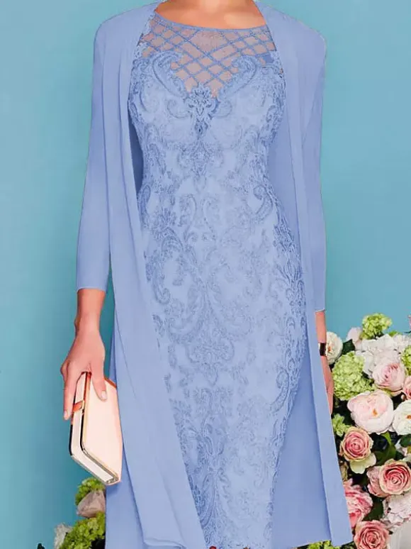 Bridal Mother Dress 2-Piece Set Jewel Neck 3/4 Length Sleeves Sheath Lace Beaded Wedding Guest Dresses Free Customization