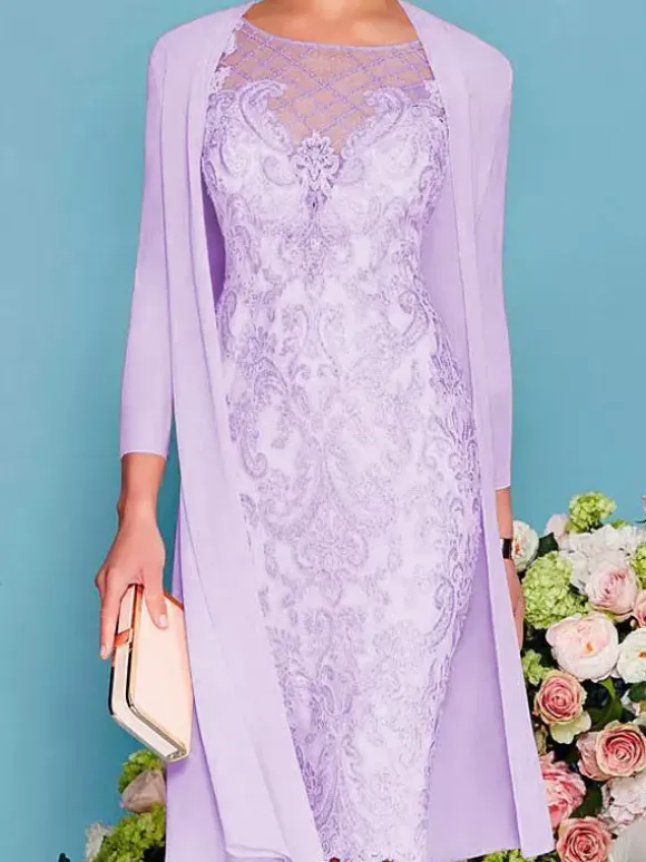Bridal Mother Dress 2-Piece Set Jewel Neck 3/4 Length Sleeves Sheath Lace Beaded Wedding Guest Dresses Free Customization