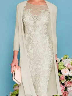 Bridal Mother Dress 2-Piece Set Jewel Neck 3/4 Length Sleeves Sheath Lace Beaded Wedding Guest Dresses Free Customization