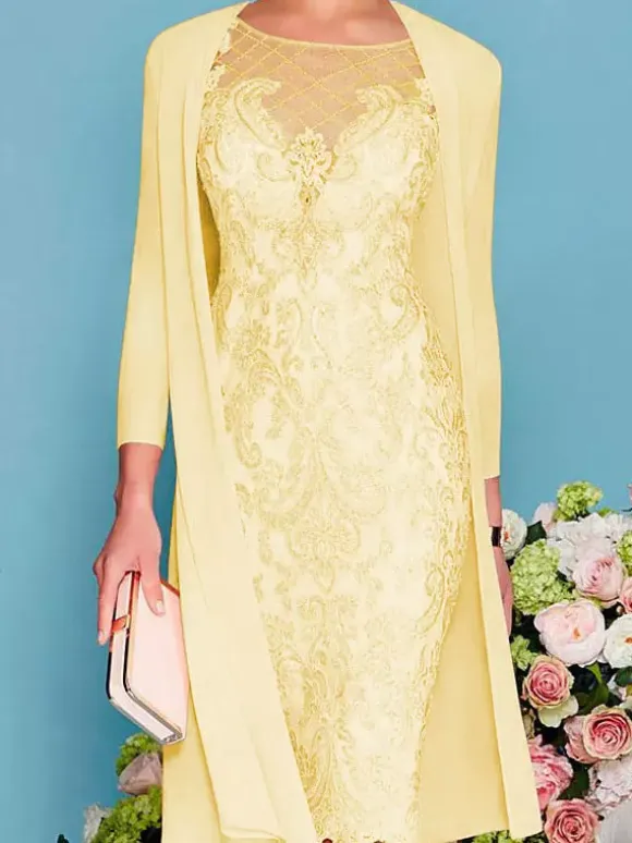 Bridal Mother Dress 2-Piece Set Jewel Neck 3/4 Length Sleeves Sheath Lace Beaded Wedding Guest Dresses Free Customization