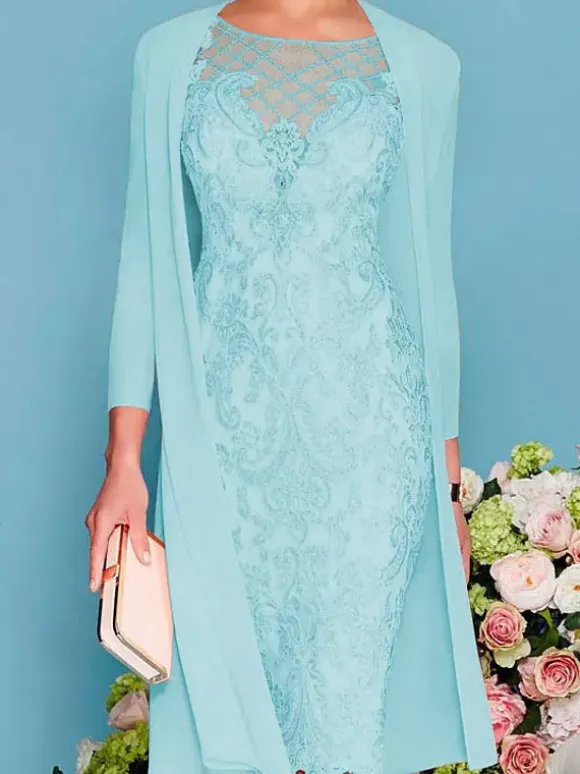 Bridal Mother Dress 2-Piece Set Jewel Neck 3/4 Length Sleeves Sheath Lace Beaded Wedding Guest Dresses Free Customization