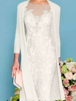 Bridal Mother Dress 2-Piece Set Jewel Neck 3/4 Length Sleeves Sheath Lace Beaded Wedding Guest Dresses Free Customization