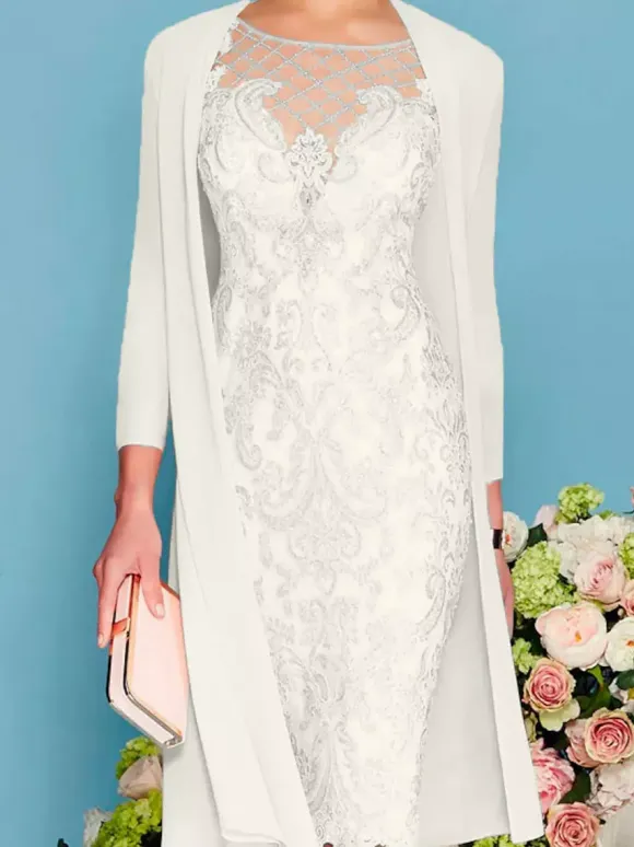 Bridal Mother Dress 2-Piece Set Jewel Neck 3/4 Length Sleeves Sheath Lace Beaded Wedding Guest Dresses Free Customization