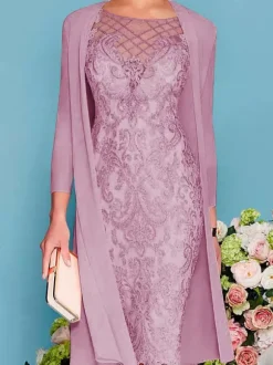 Bridal Mother Dress 2-Piece Set Jewel Neck 3/4 Length Sleeves Sheath Lace Beaded Wedding Guest Dresses Free Customization