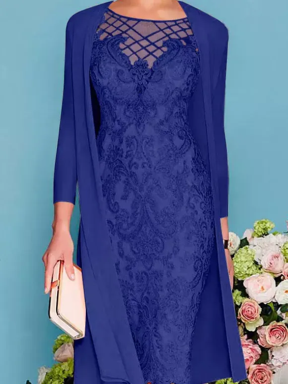 Bridal Mother Dress 2-Piece Set Jewel Neck 3/4 Length Sleeves Sheath Lace Beaded Wedding Guest Dresses Free Customization