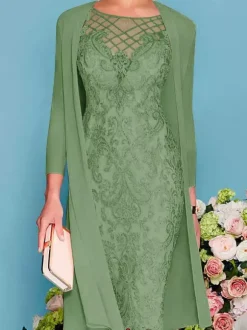 Bridal Mother Dress 2-Piece Set Jewel Neck 3/4 Length Sleeves Sheath Lace Beaded Wedding Guest Dresses Free Customization