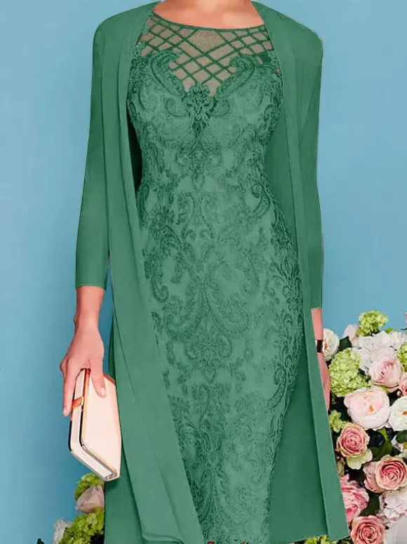 Bridal Mother Dress 2-Piece Set Jewel Neck 3/4 Length Sleeves Sheath Lace Beaded Wedding Guest Dresses Free Customization