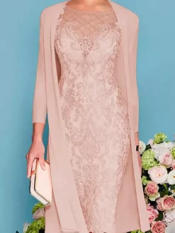 Bridal Mother Dress 2-Piece Set Jewel Neck 3/4 Length Sleeves Sheath Lace Beaded Wedding Guest Dresses Free Customization