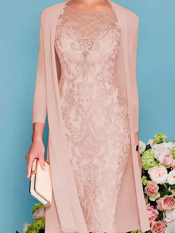 Bridal Mother Dress 2-Piece Set Jewel Neck 3/4 Length Sleeves Sheath Lace Beaded Wedding Guest Dresses Free Customization