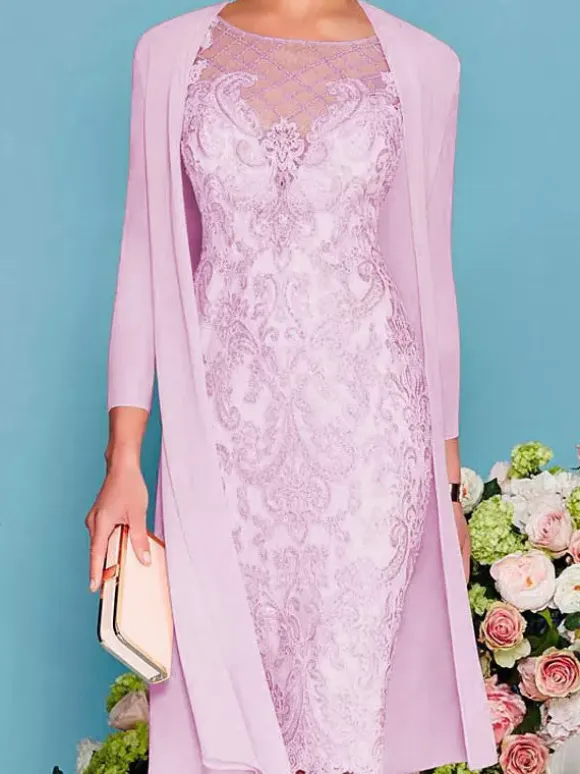 Bridal Mother Dress 2-Piece Set Jewel Neck 3/4 Length Sleeves Sheath Lace Beaded Wedding Guest Dresses Free Customization