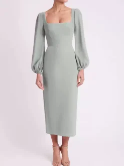 Bridal Mother Dress Square Neck Long Sleeves Short Tea-Length Guest Dresses For Wedding