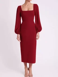 Bridal Mother Dress Square Neck Long Sleeves Short Tea-Length Guest Dresses For Wedding