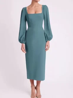 Bridal Mother Dress Square Neck Long Sleeves Short Tea-Length Guest Dresses For Wedding