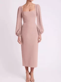 Bridal Mother Dress Square Neck Long Sleeves Short Tea-Length Guest Dresses For Wedding