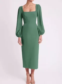 Bridal Mother Dress Square Neck Long Sleeves Short Tea-Length Guest Dresses For Wedding