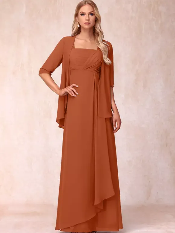 Bridal Mother Dress Square Neck Half Sleeves Two-piece Pleated Guest Dresses For Wedding