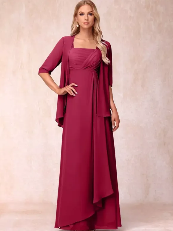 Bridal Mother Dress Square Neck Half Sleeves Two-piece Pleated Guest Dresses For Wedding