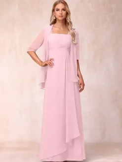 Bridal Mother Dress Square Neck Half Sleeves Two-piece Pleated Guest Dresses For Wedding
