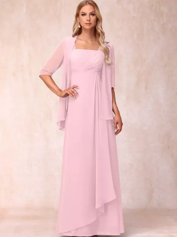 Bridal Mother Dress Square Neck Half Sleeves Two-piece Pleated Guest Dresses For Wedding
