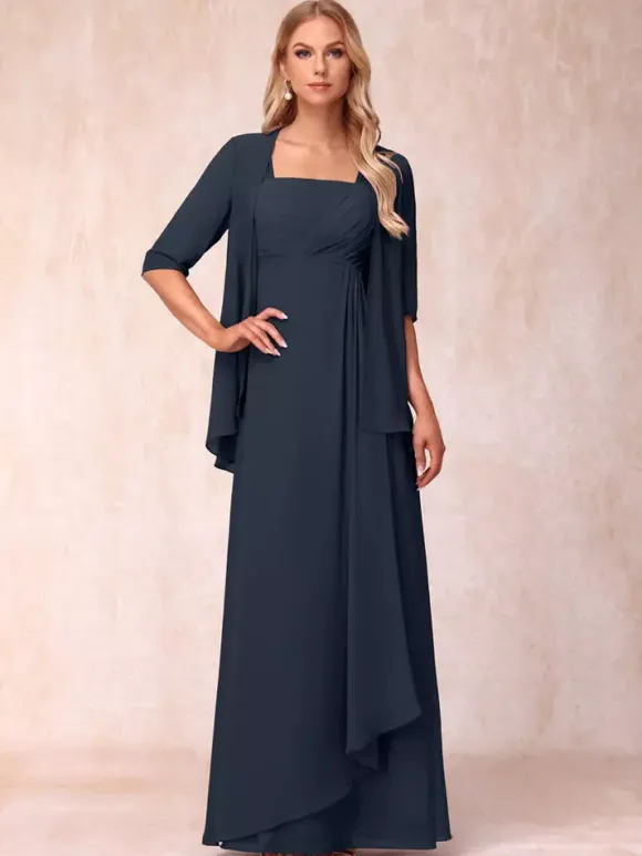 Bridal Mother Dress Square Neck Half Sleeves Two-piece Pleated Guest Dresses For Wedding