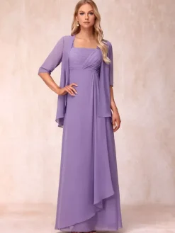 Bridal Mother Dress Square Neck Half Sleeves Two-piece Pleated Guest Dresses For Wedding