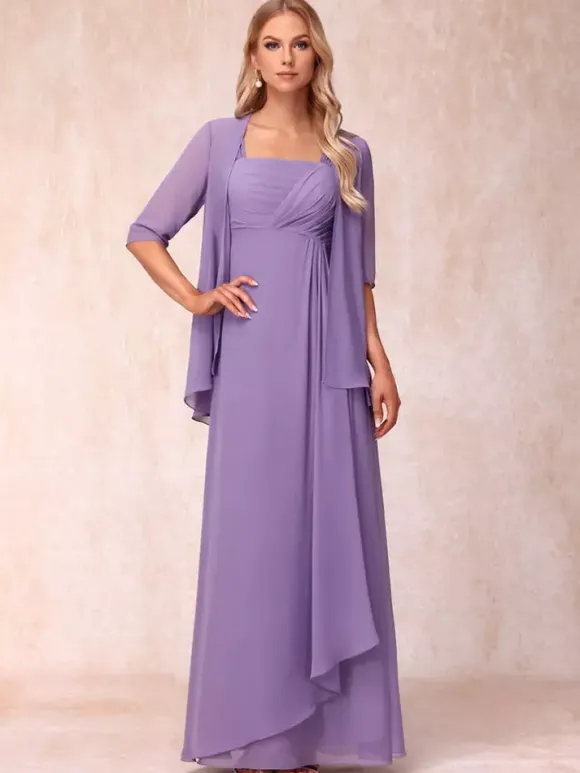 Bridal Mother Dress Square Neck Half Sleeves Two-piece Pleated Guest Dresses For Wedding