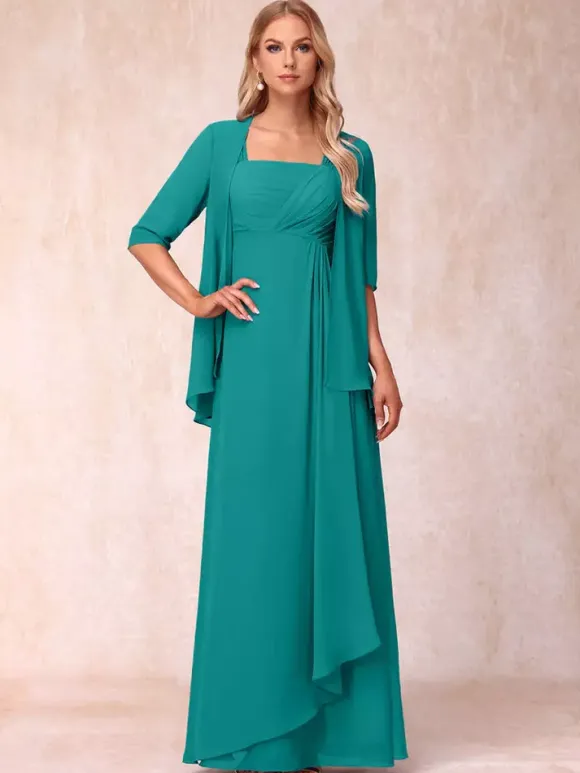 Bridal Mother Dress Square Neck Half Sleeves Two-piece Pleated Guest Dresses For Wedding