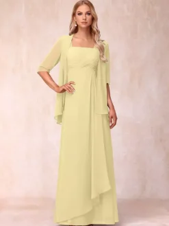 Bridal Mother Dress Square Neck Half Sleeves Two-piece Pleated Guest Dresses For Wedding
