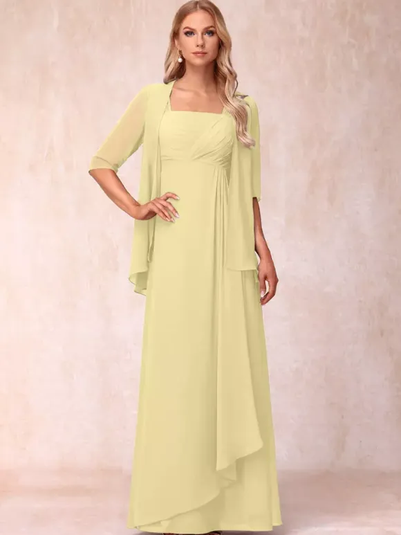 Bridal Mother Dress Square Neck Half Sleeves Two-piece Pleated Guest Dresses For Wedding
