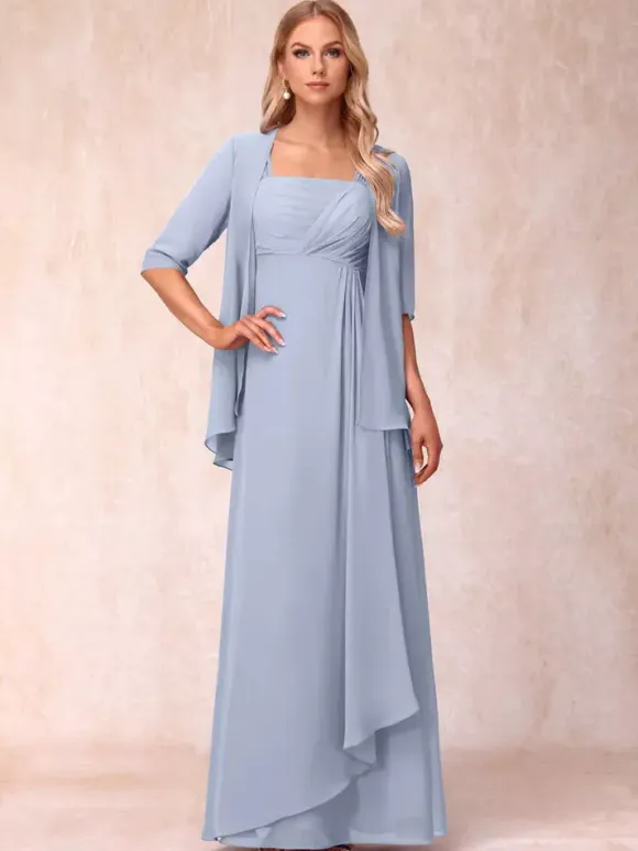 Bridal Mother Dress Square Neck Half Sleeves Two-piece Pleated Guest Dresses For Wedding