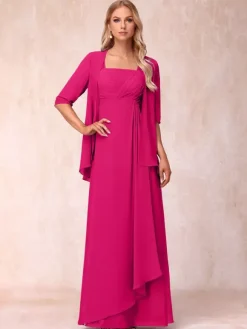 Bridal Mother Dress Square Neck Half Sleeves Two-piece Pleated Guest Dresses For Wedding